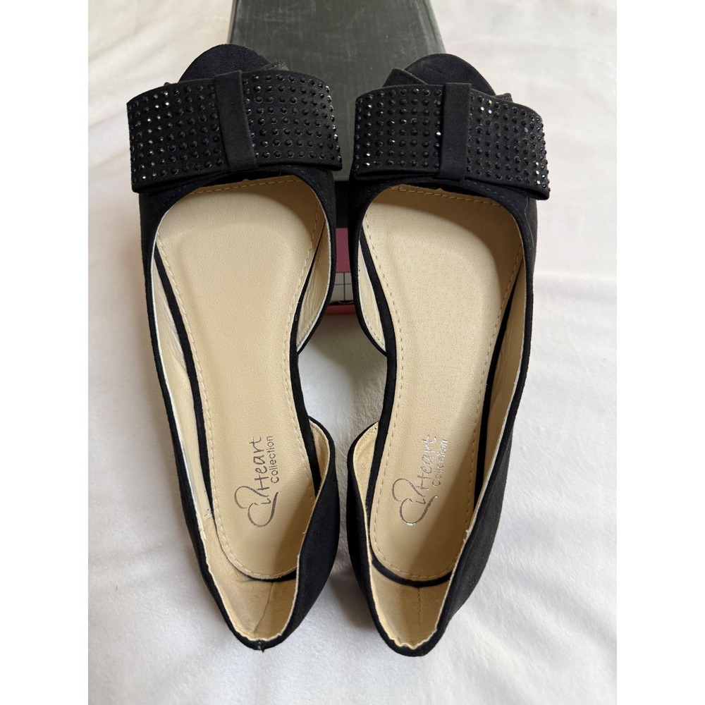 QHeart Collection Black Faux Suede Peep Toe Bow D'Orsay Rhinestone Flats Size 6